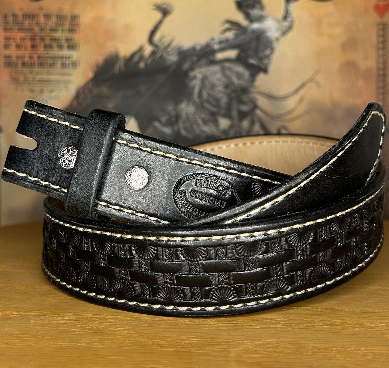 Hand-Tooled Basketweave Leather Belt
