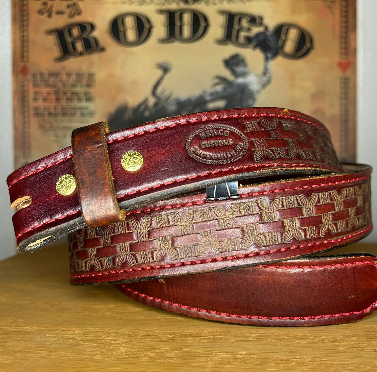 Hand-Tooled Basketweave Leather Belt