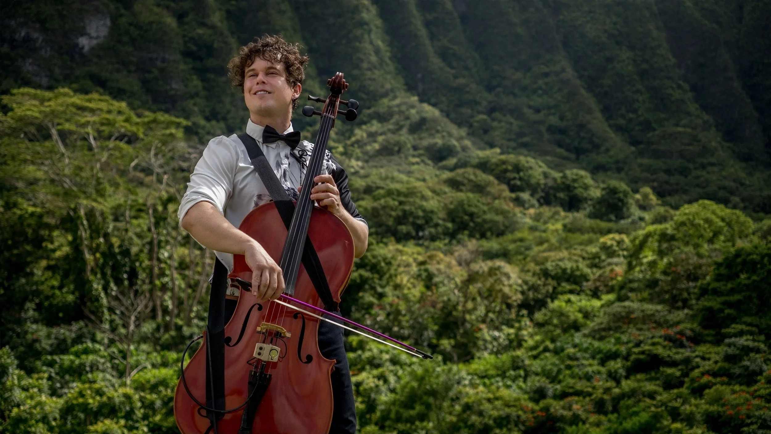 Lovejack playing cello in a sunlit forest.