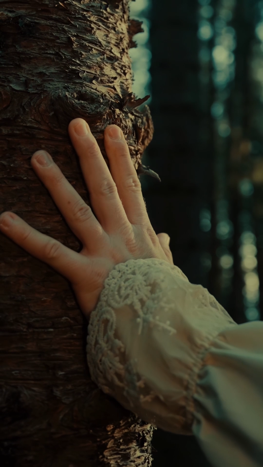 Lace-cuffed hand resting against the bark of a forest tree.