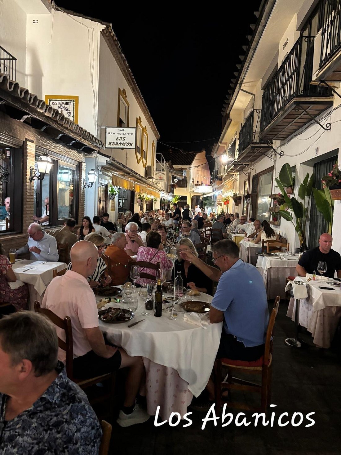 Vista nocturna de un restaurante al aire libre llamado Los Abanicos, con muchas personas cenando en mesas cubiertas con manteles blancos, decorado con plantas y luces.