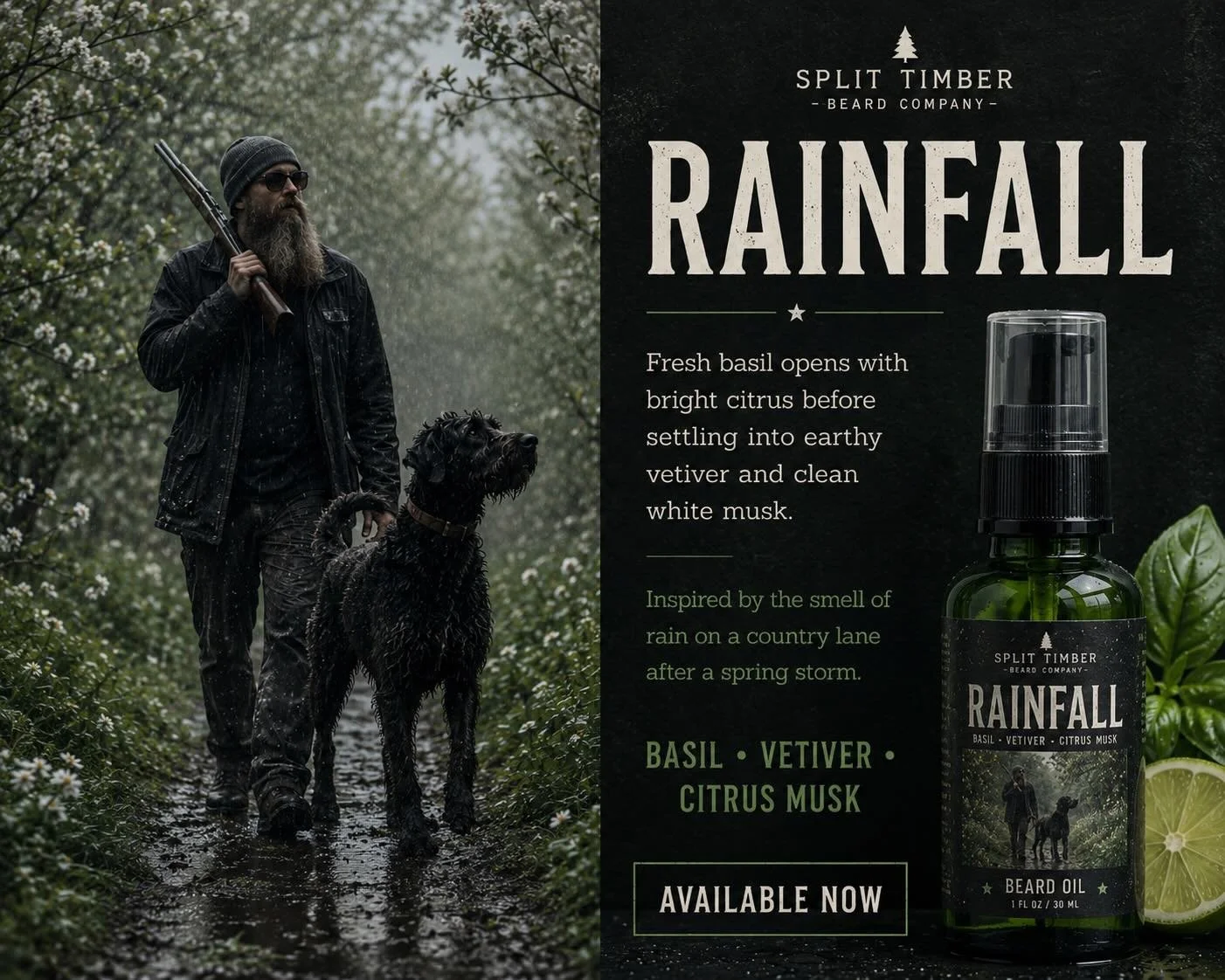 Rainfall

Fresh basil, bright citrus, earthy vetiver, and clean white musk.

Inspired by the smell of rain on a country lane after a spring storm.

Simple. Clean. Familiar.

Available now.

#SplitTimber #Rainfall #BeardOil