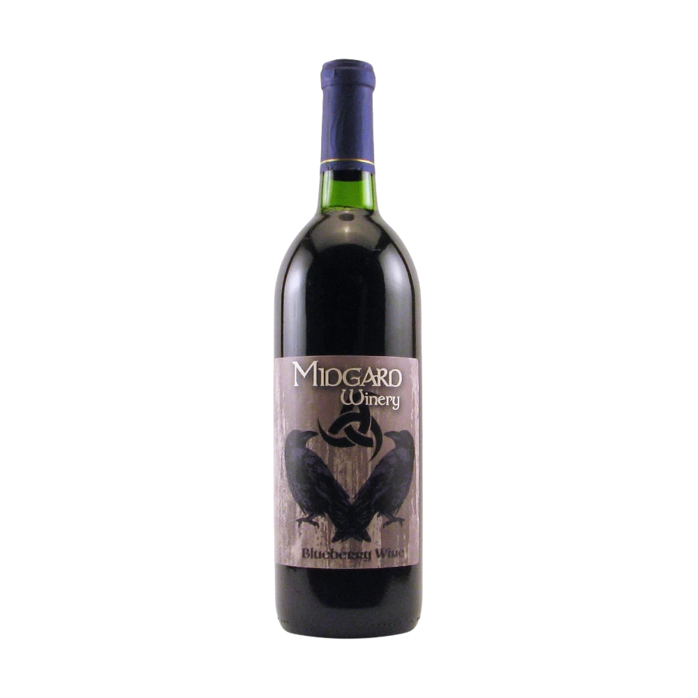 Bottle of Midgard Winery blueberry wine with a label featuring two black ravens.