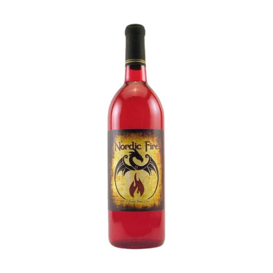 A bottle of Nordic Fire hot sauce with a black cap and a label featuring a dragon and flame design.