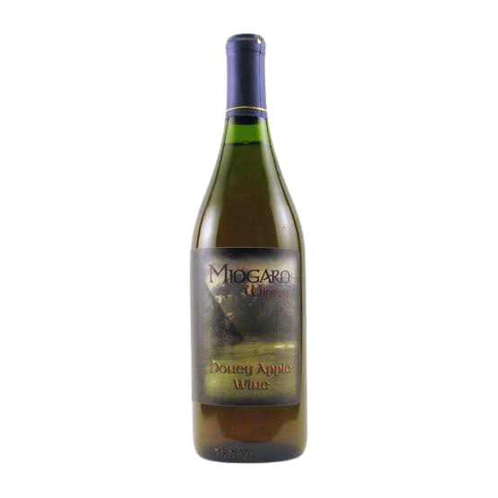 A bottle of Miogaro Dongu Apple Wine with a blue cap and a label featuring mountains and trees.