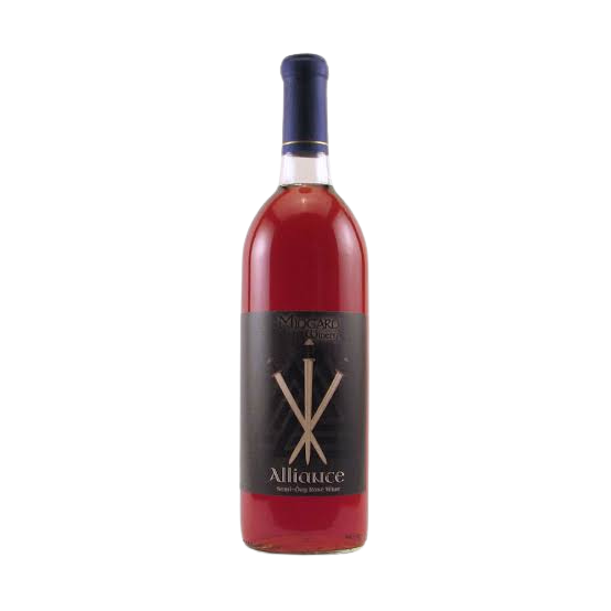 A bottle of pink wine with a dark label and blue cap.