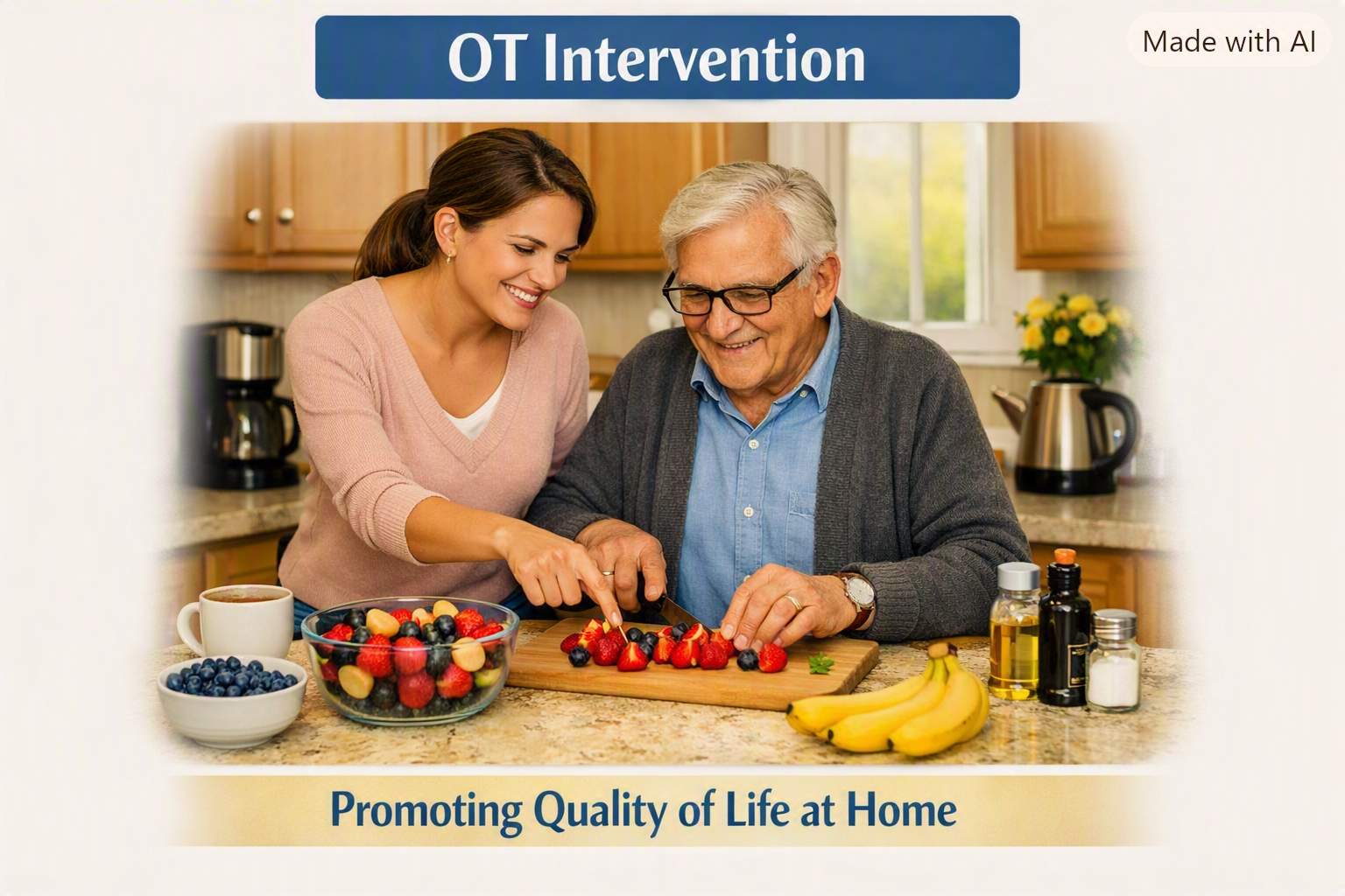 A young woman and an elderly man preparing a meal together in a kitchen, slicing strawberries on a cutting board, with bowls of berries, bananas, and various condiments on the counter. The image is part of a presentation slide titled 'OT Intervention' with a subtitle 'Promoting Quality of Life at Home'.
