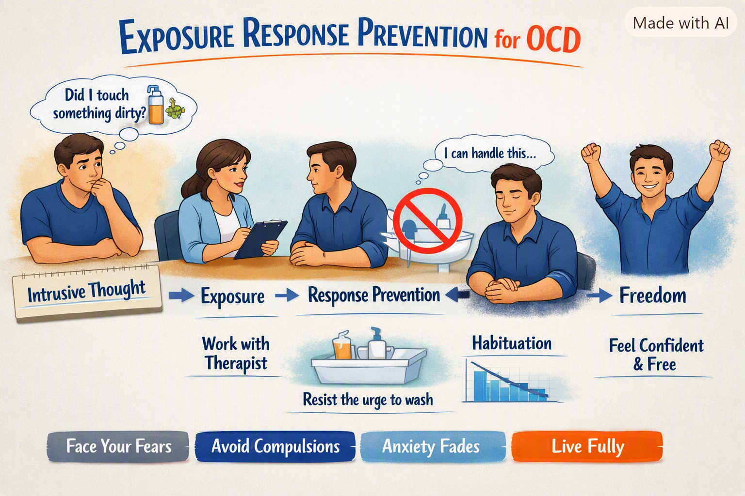 A diagram illustrating the process of exposure response prevention for OCD, showing five people with thought bubbles and labels such as Intrusive Thought, Exposure, Response Prevention, and Freedom. It includes tips like work with a therapist, resist the urge to wash, and habit formation, alongside motivational phrases at the bottom.