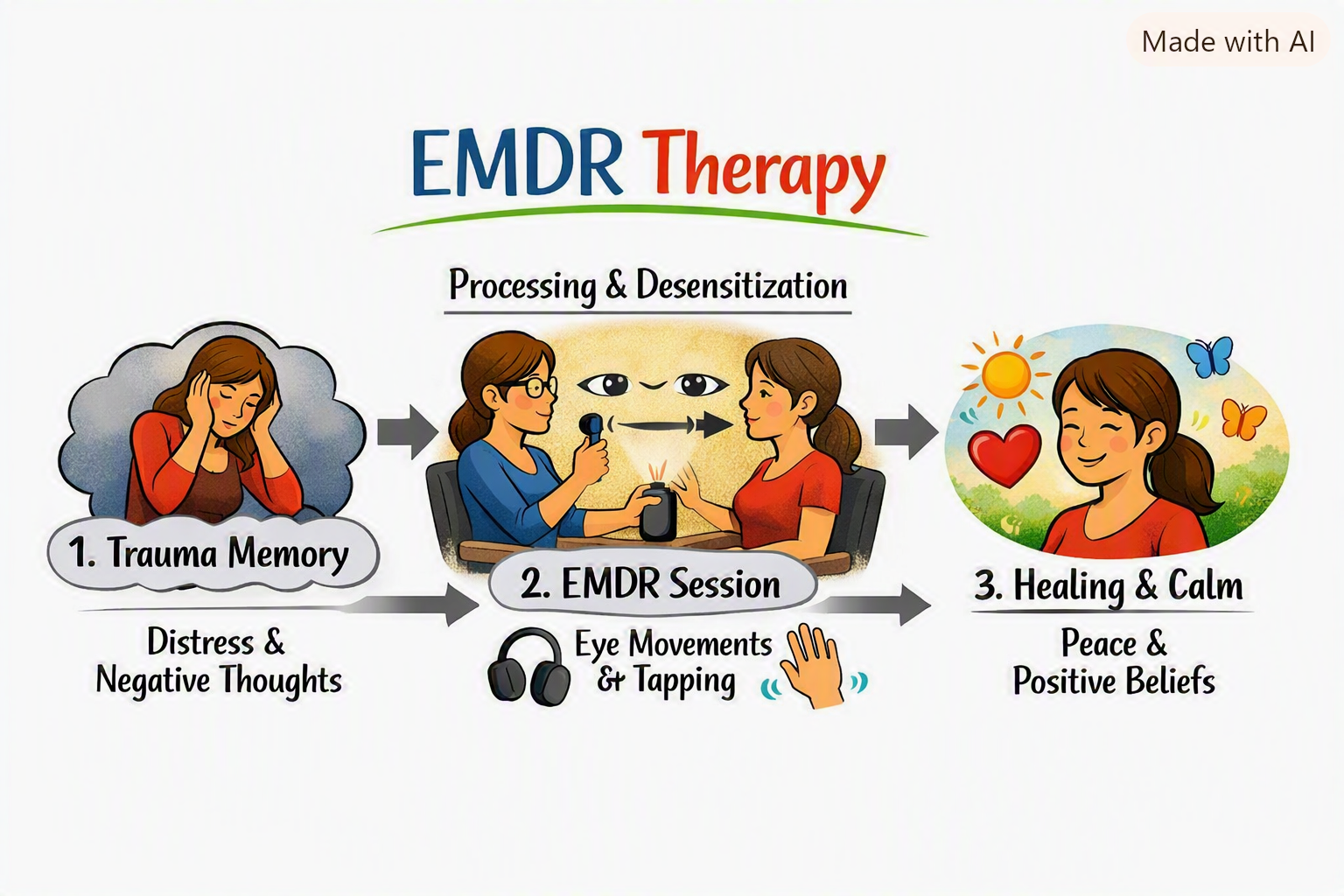 Diagram explaining EMDR therapy process with three steps: trauma memory causing distress and negative thoughts, EMDR session involving eye movements and tapping, and healing leading to peace and positive beliefs, illustrated with a stressed woman, a therapist, and a happy woman in a nature setting.