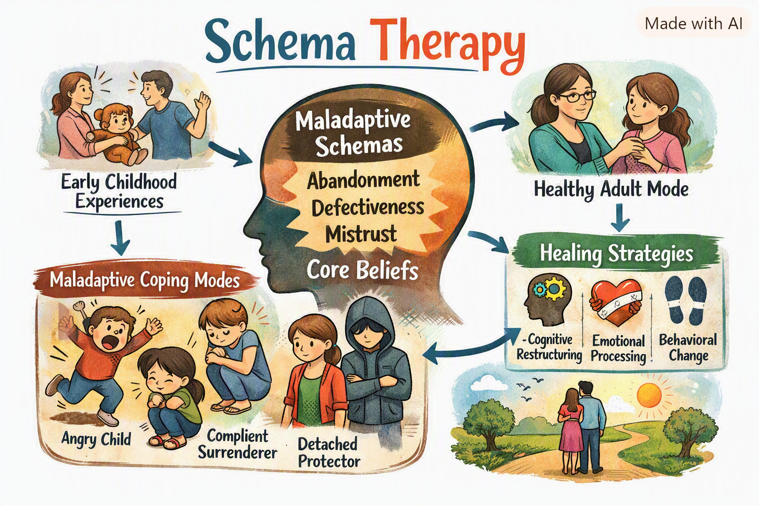 Diagram illustrating schema therapy process from early childhood experiences to healthy adult mode. Includes maladaptive schemas, coping modes such as angry child, compliant surrenderer, and detached protector, and healing strategies like cognitive restructuring, emotional processing, and behavioral change.