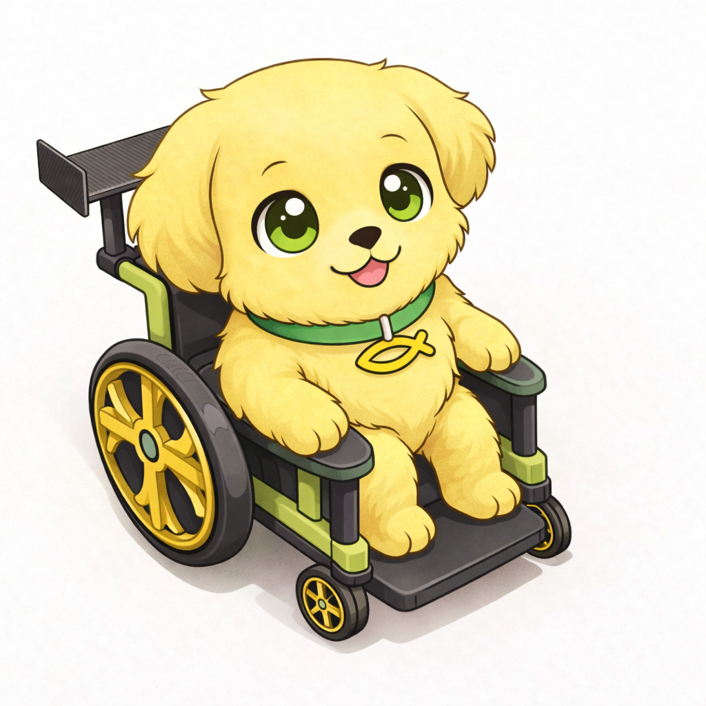 Cartoon puppy with big green eyes sitting in a wheelchair wearing a green collar with a gold bone-shaped tag.
