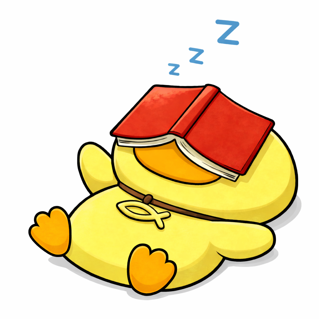 A yellow rubber duck with an open book on its head and Z's indicating sleep.