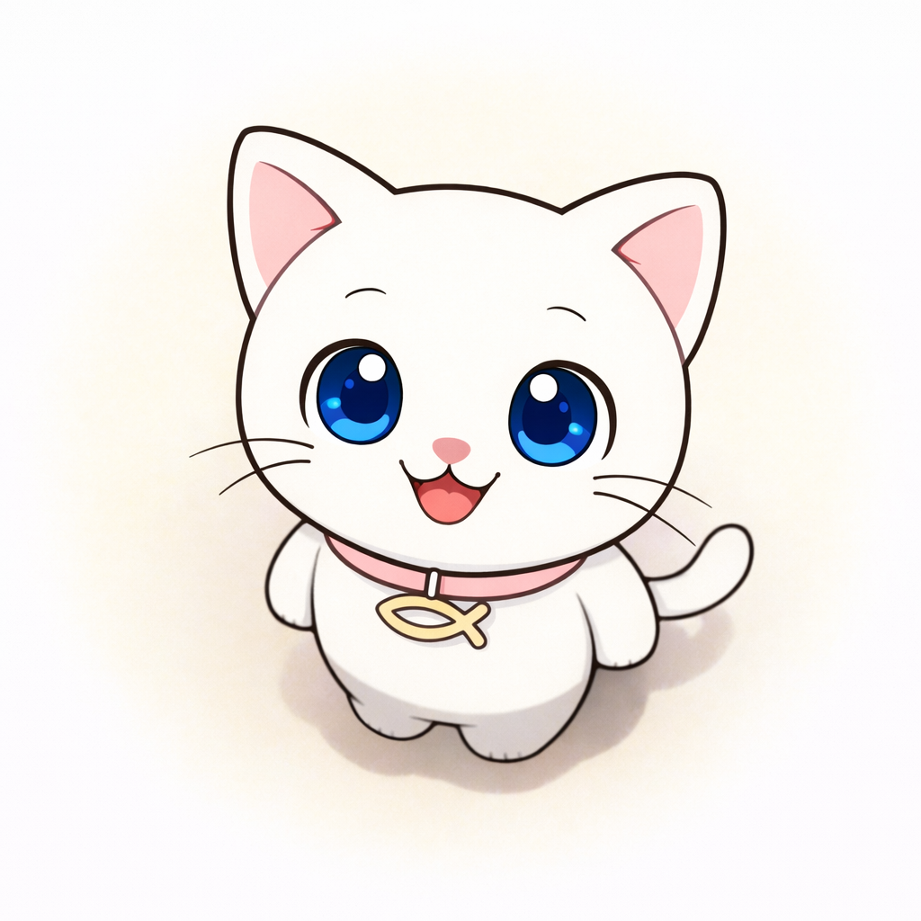 Cute animated white kitten with large blue eyes, pink ears, pink collar with a gold fish-shaped pendant, standing on a plain background.