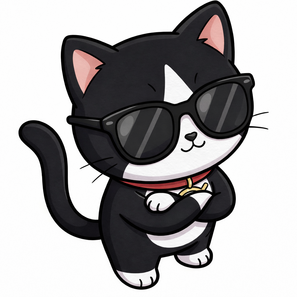 Cartoon black and white cat wearing sunglasses and a collar with a golden tag.