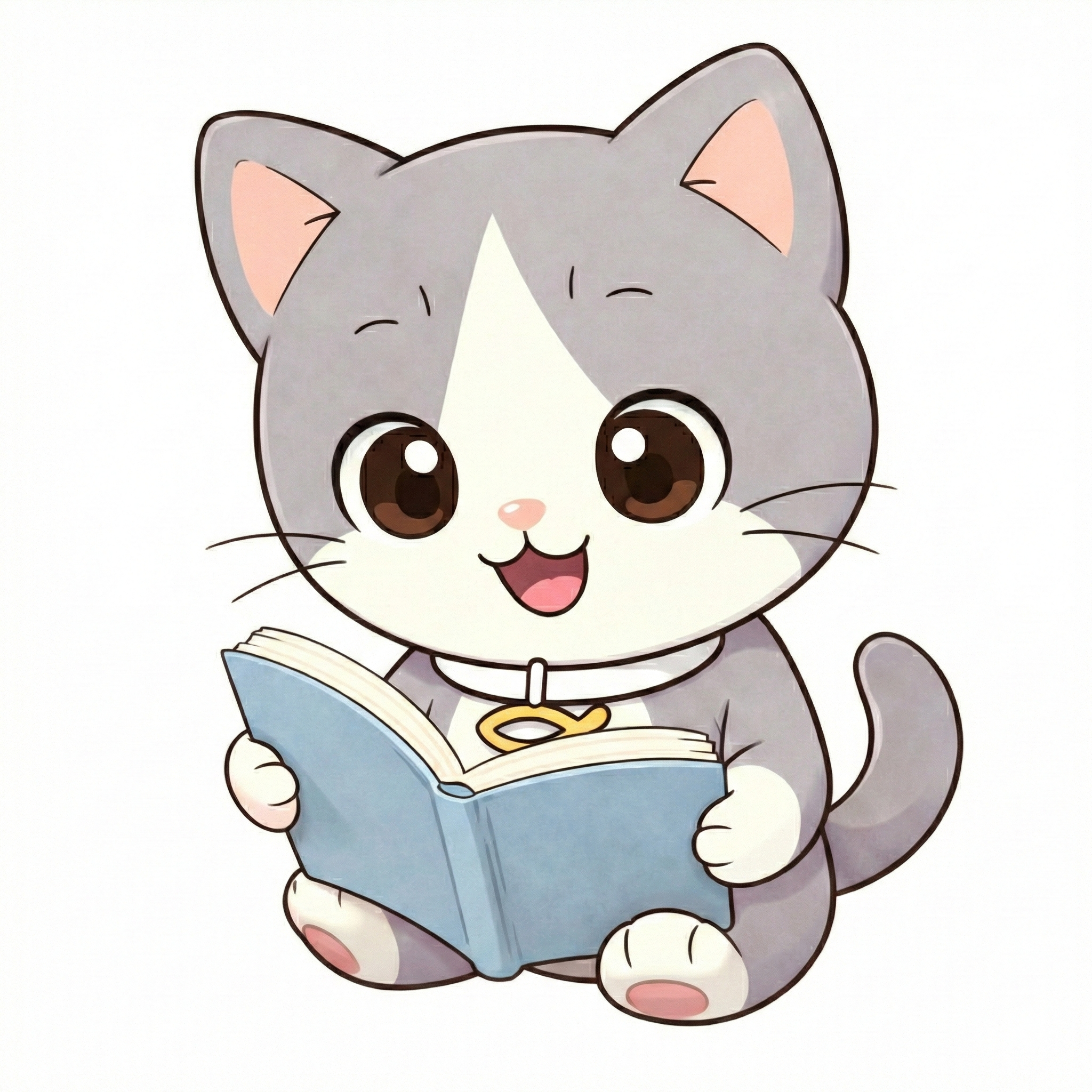 A cartoon drawing of a cute gray and white kitten with big brown eyes, pink inside its ears, and a happy expression, holding a blue book and reading.