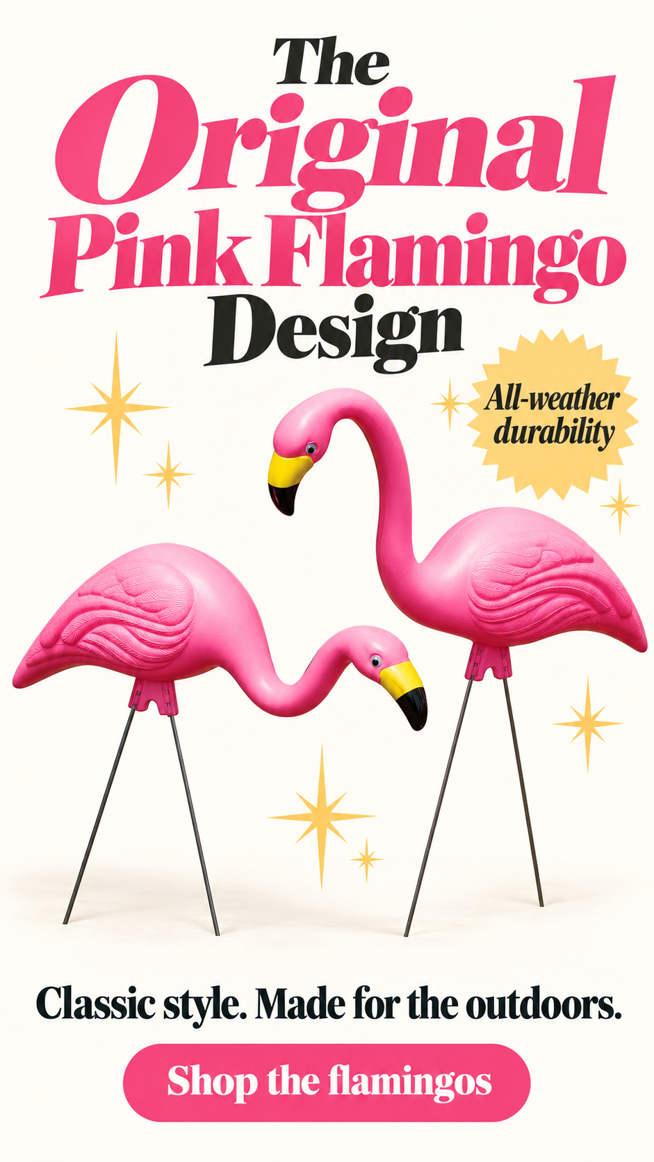 2 vintage pink lawn flamingos are shown, that are the original lawn flamingo ornaments and are durable in all weather!