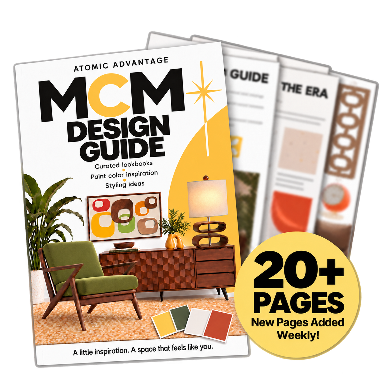 an image is shown in which a booklet is demonstrated.  it shows a little room in MCM interior design on the cover.  the back photos allude to more tips and pages on mcm interior design.  the photo also indicates that there are lots of pages for mcm