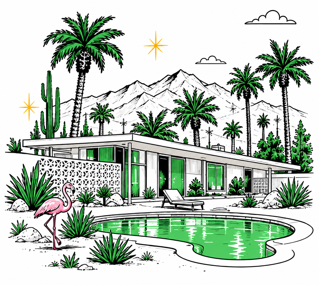 a cartoon style image is shown documenting very vintage vegas vibes including midcentury architecture, desert landscape, mountains, and a flamingo