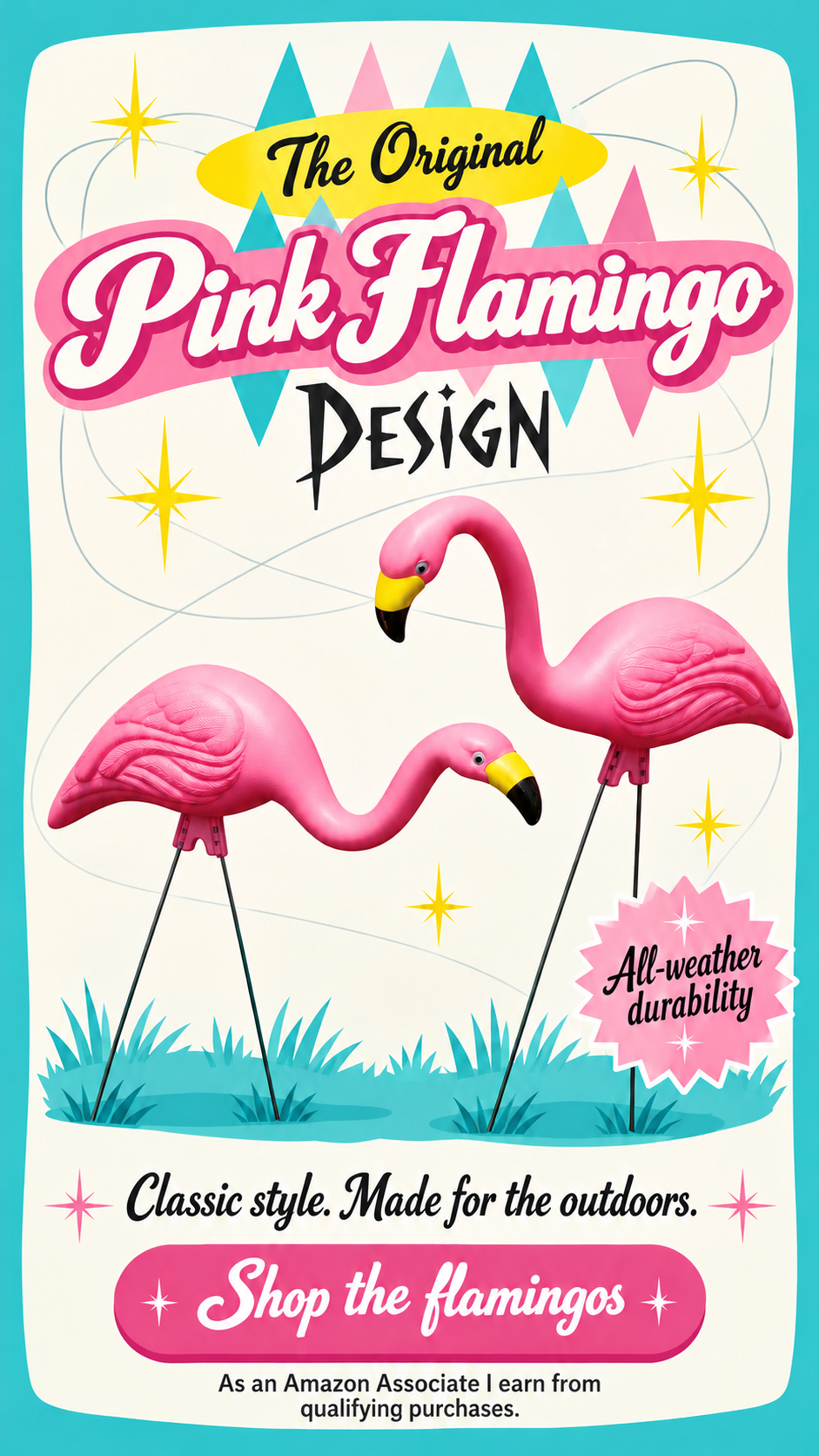 2 vintage lawn flamingos are shown.  they are the original lawn flamingo ornaments