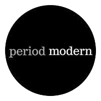 Black circular logo with the words 'period modern' in white text.