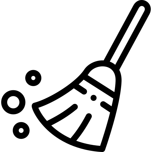 A black and white line drawing of a broom in a sweeping motion