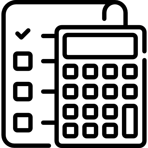 A black and white illustration of a calculator with a checklist.