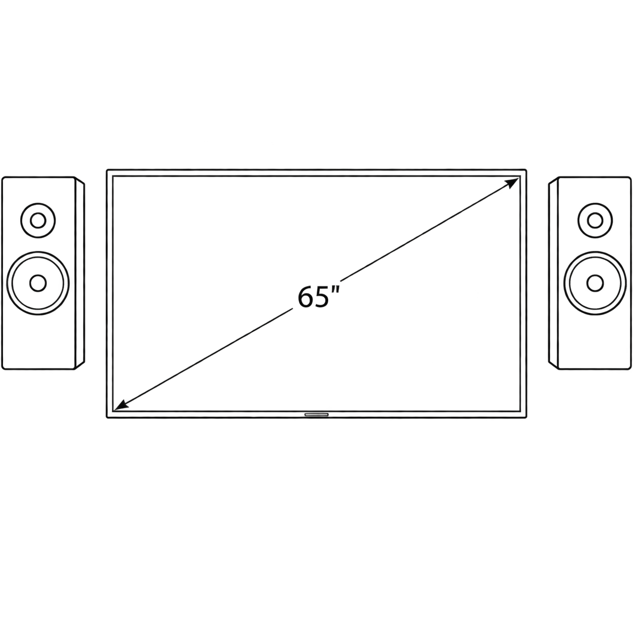 Line drawing of a 65-inch flat-screen television with two tall speakers on either side.