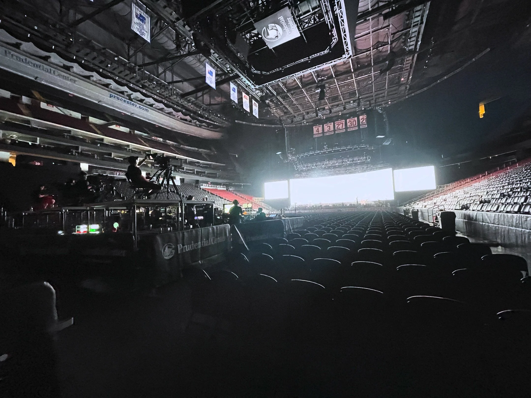Front-of-house production view inside Prudential Center before an event.