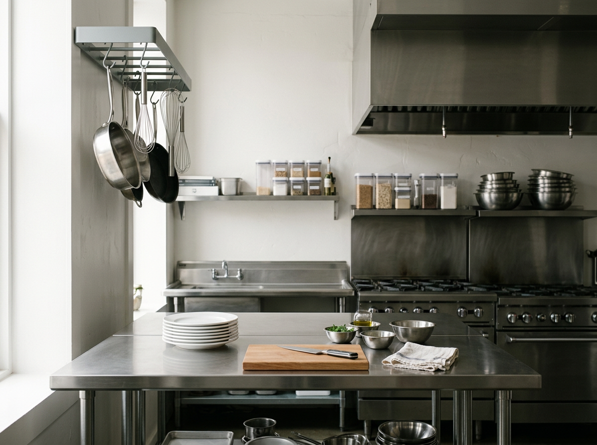 Modern professional kitchen with stainless steel countertops, hanging pots and whisks, shelves with spices, and a stove with multiple burners.