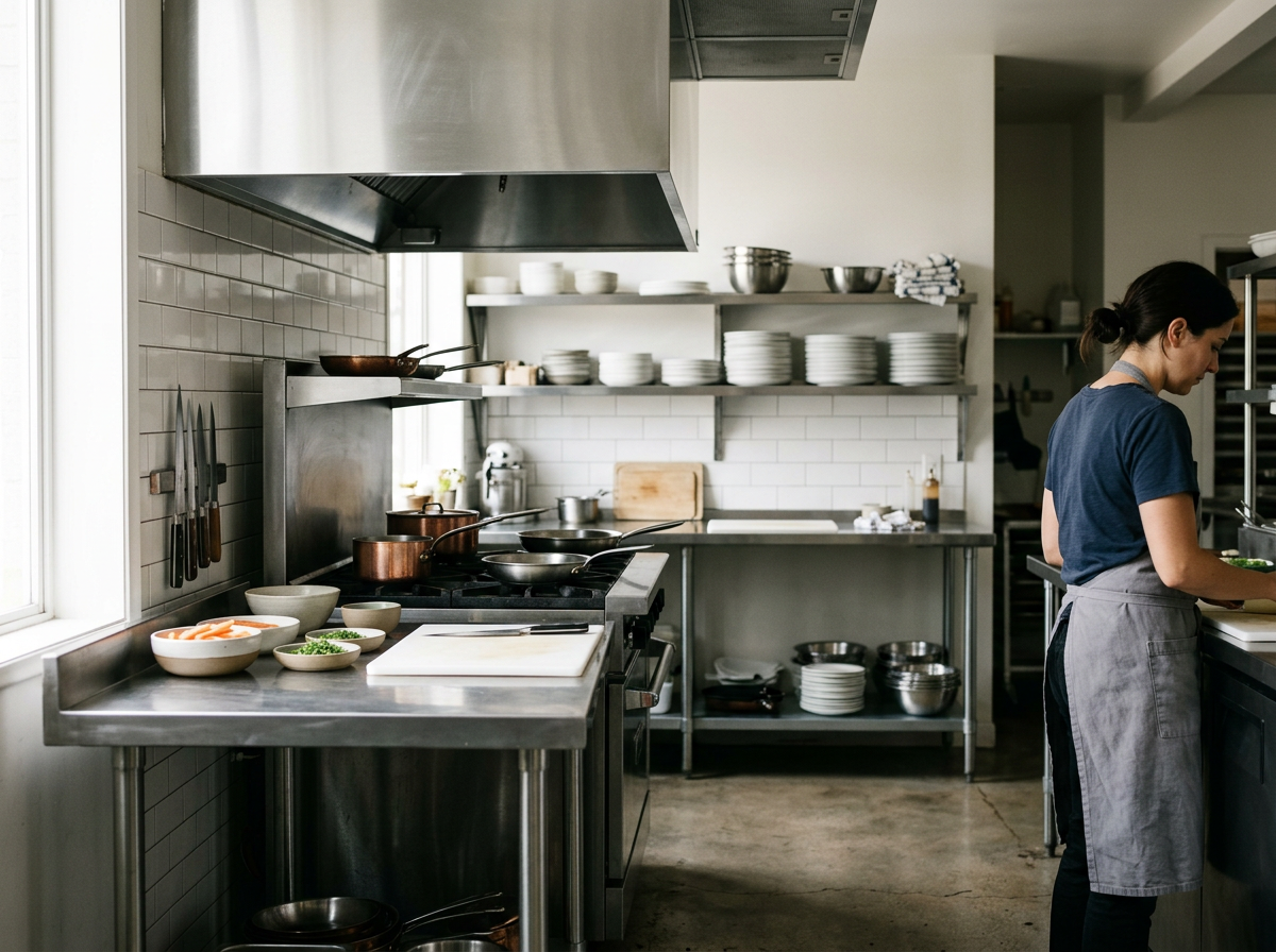 A woman preparing food in a professional kitchen with stainless steel appliances, open shelving with plates and bowls, and a window providing natural light.