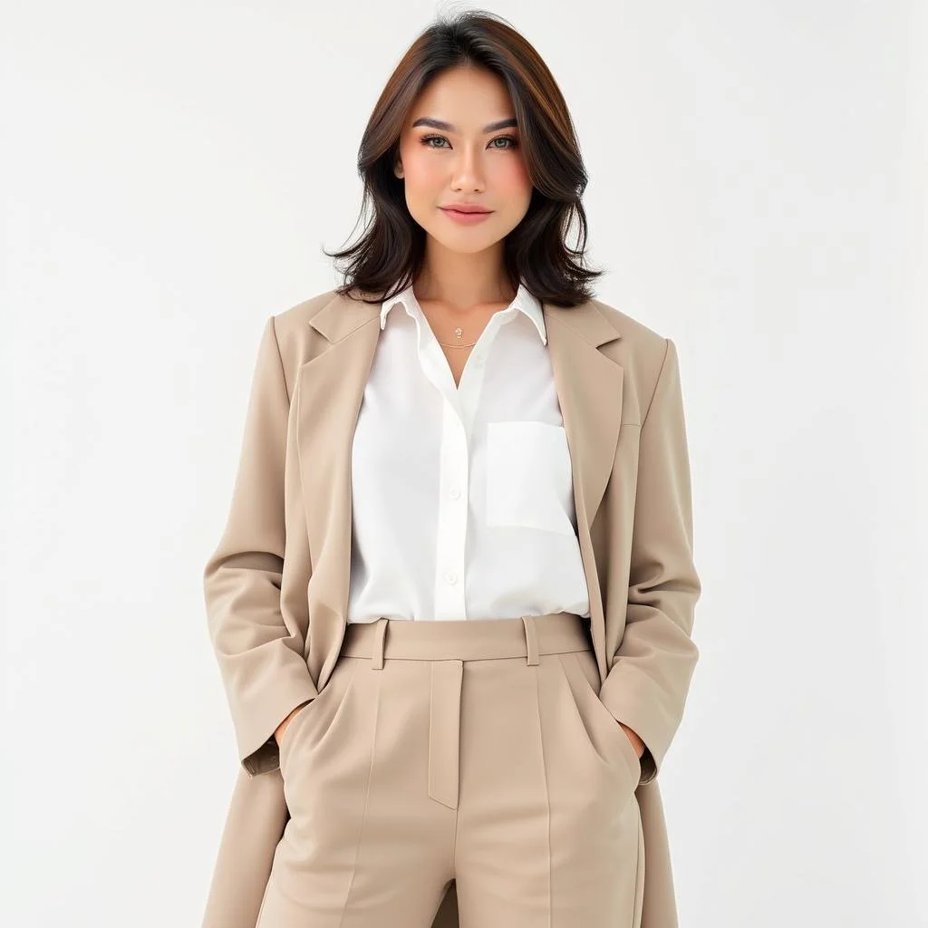 A woman in a beige suit with a white shirt, standing with her hands in her pockets against a plain white background.