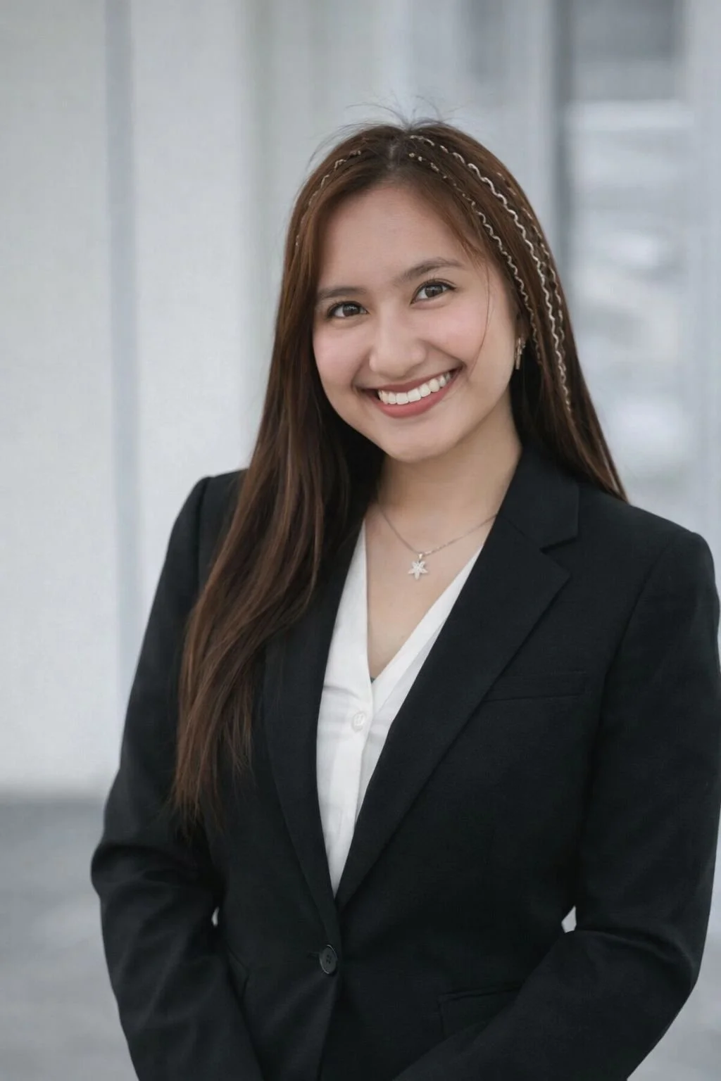 Professional portrait of a woman with long brown hair, smiling, dressed in a black blazer and white top, standing in an indoor setting with light background.