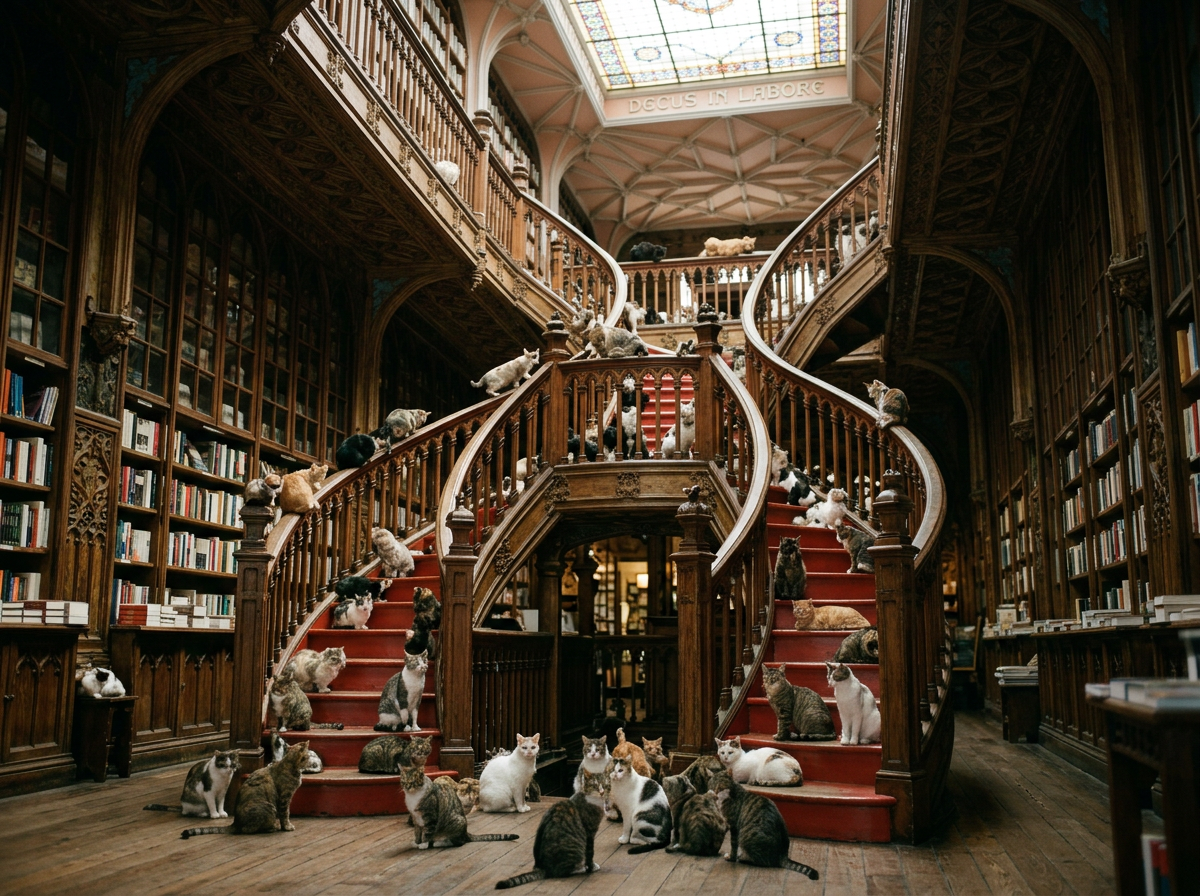A large vintage-style library with wooden bookshelves and a grand staircase. Numerous cats are sitting, lying, or perched on the stairs, creating a cozy, lively atmosphere in representation of A Cat Named Pumpkin, the humorous mystery novel.