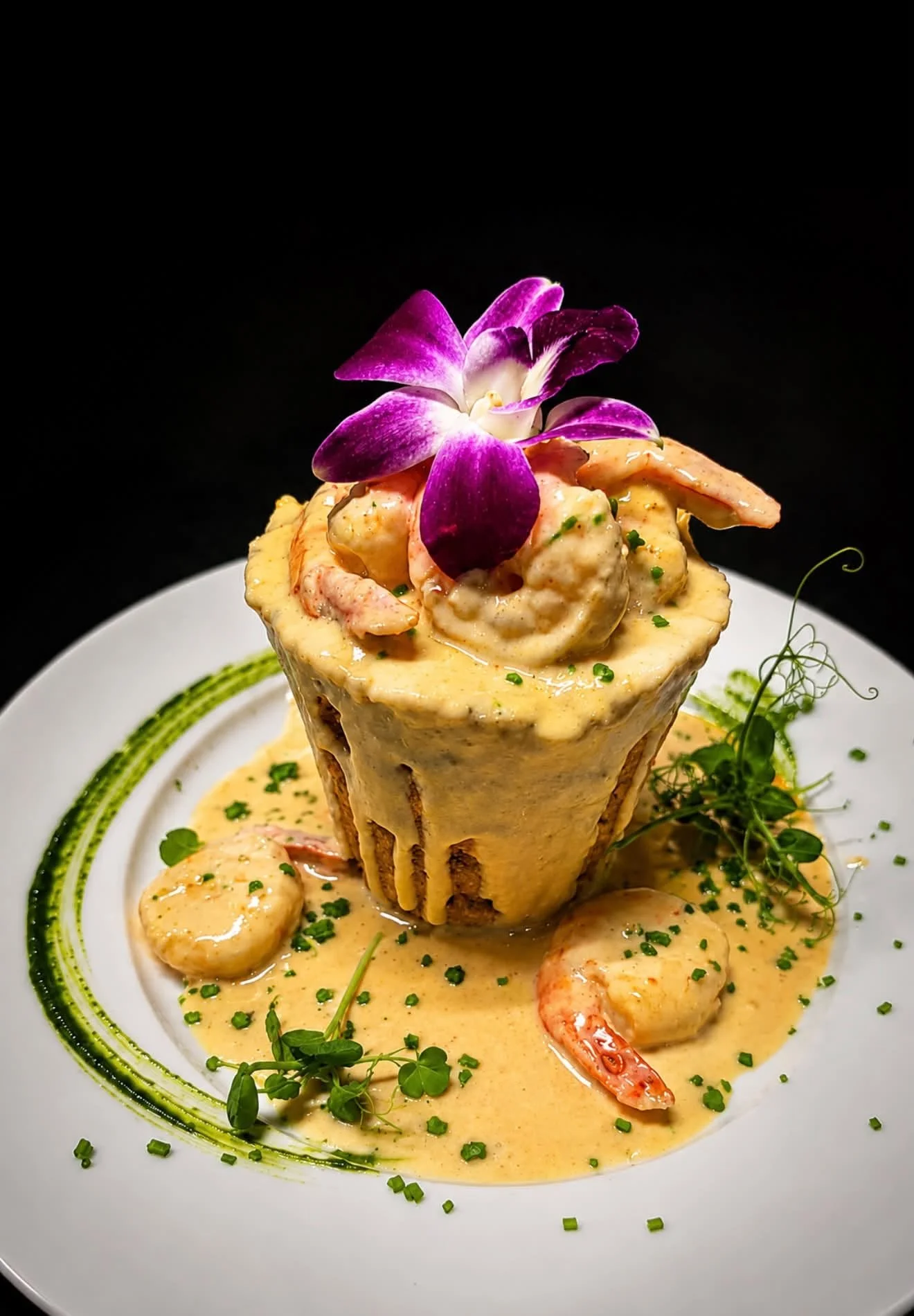 Seafood dish served in a tall cone-shaped container, topped with a purple orchid flower, with a creamy sauce garnished with herbs on a white plate with a green sauce swirl.