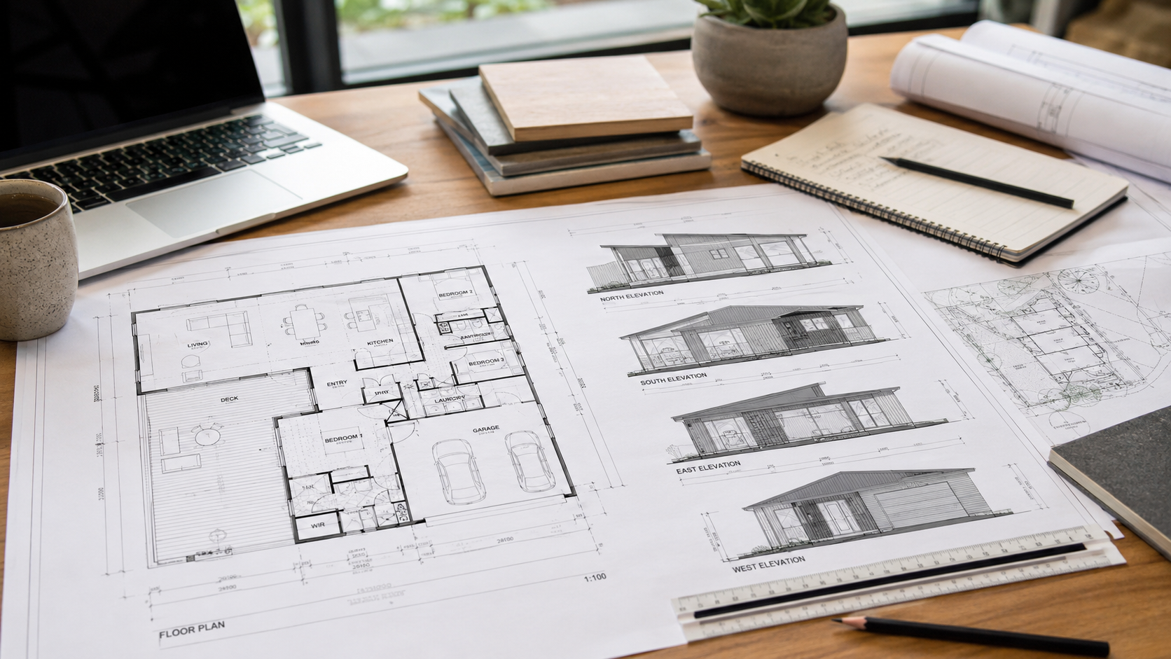 House plans and elevations for a Benchmark Build home in Mangawhai.