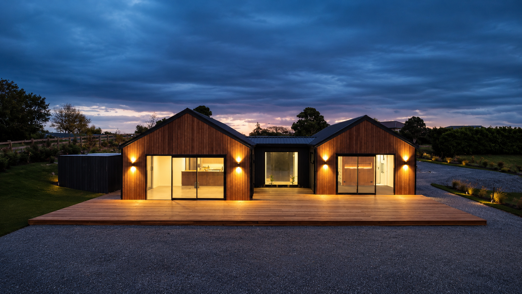Front exterior of four-bedroom new home built by Benchmark Build in Mangawhai.