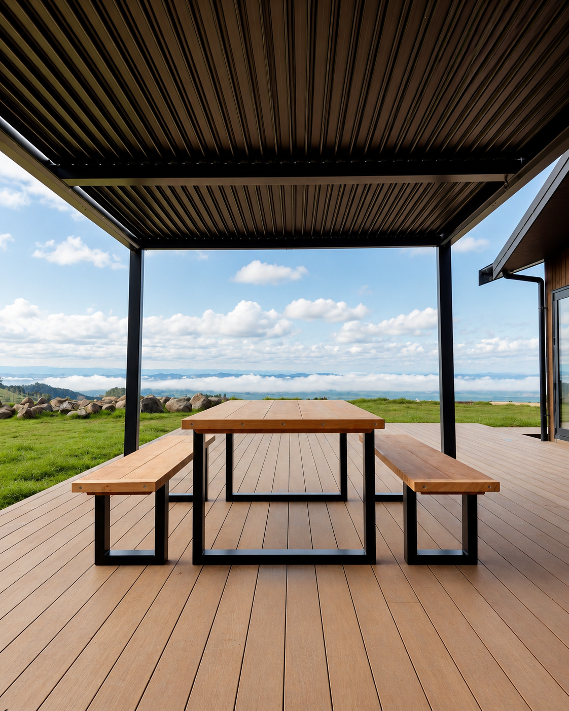 The Forge Macrocarpa dining table with steel legs, handcrafted in Mangawhai, New Zealand.
