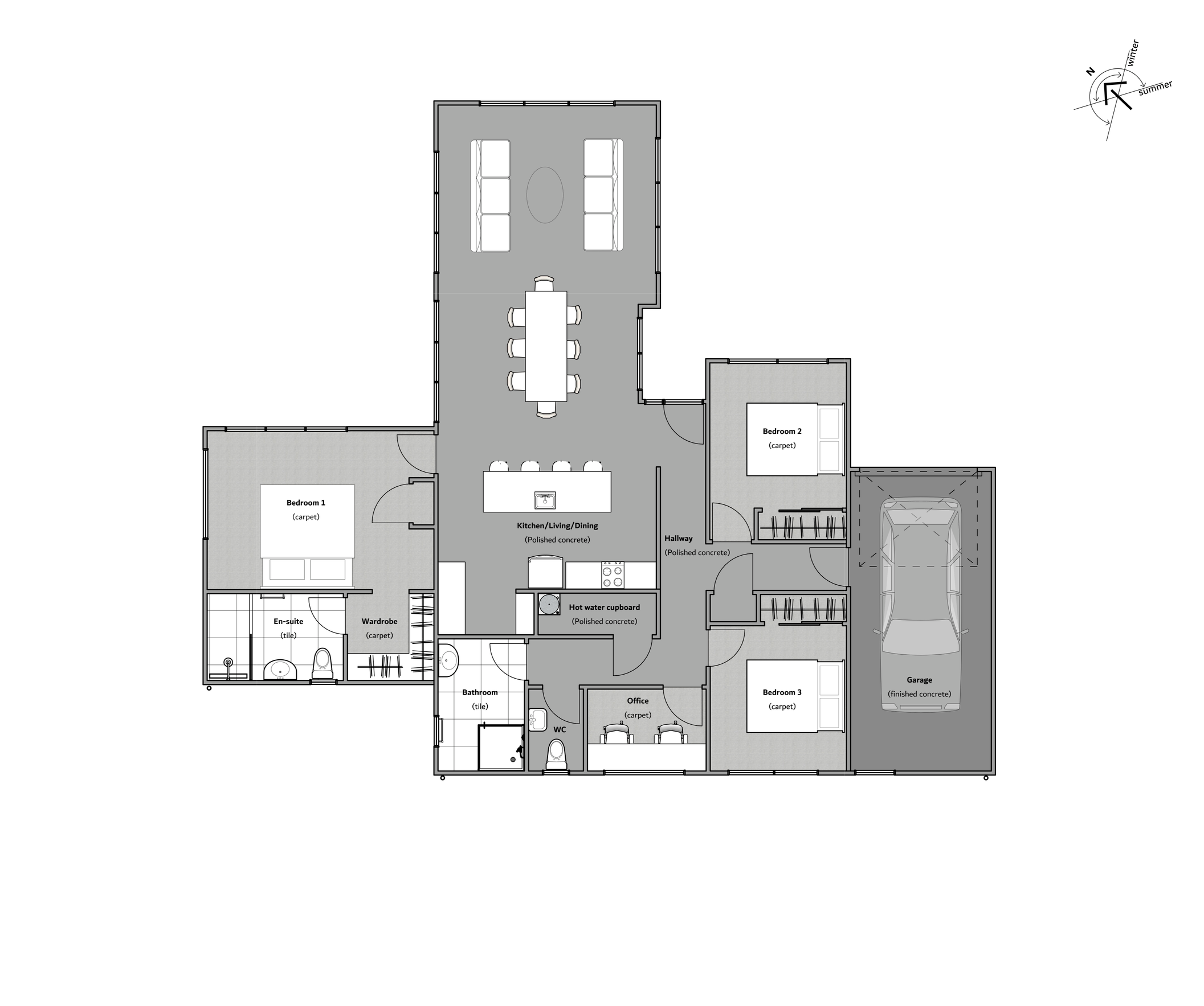 Floor plan for the three-bedroom house and land package at 10A Estuary Drive, Mangawhai Heads.