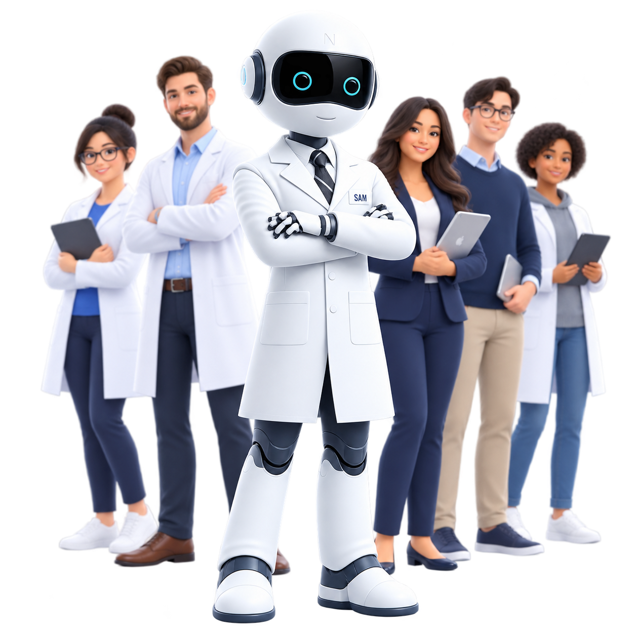 Sam, a humanoid robot chemist in a white lab coat with a stylised team.