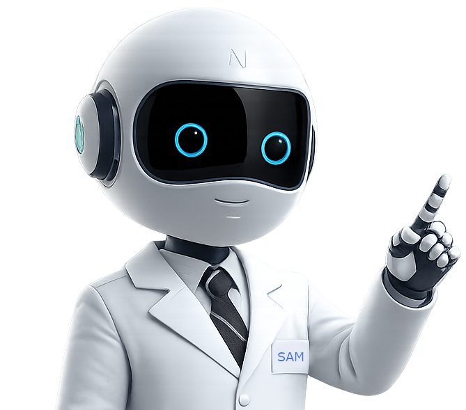 A humanoid robot named SAM in a white lab coat and a black tie, with a large black screen face displaying blue eyes, pointing upward with its right index finger.
