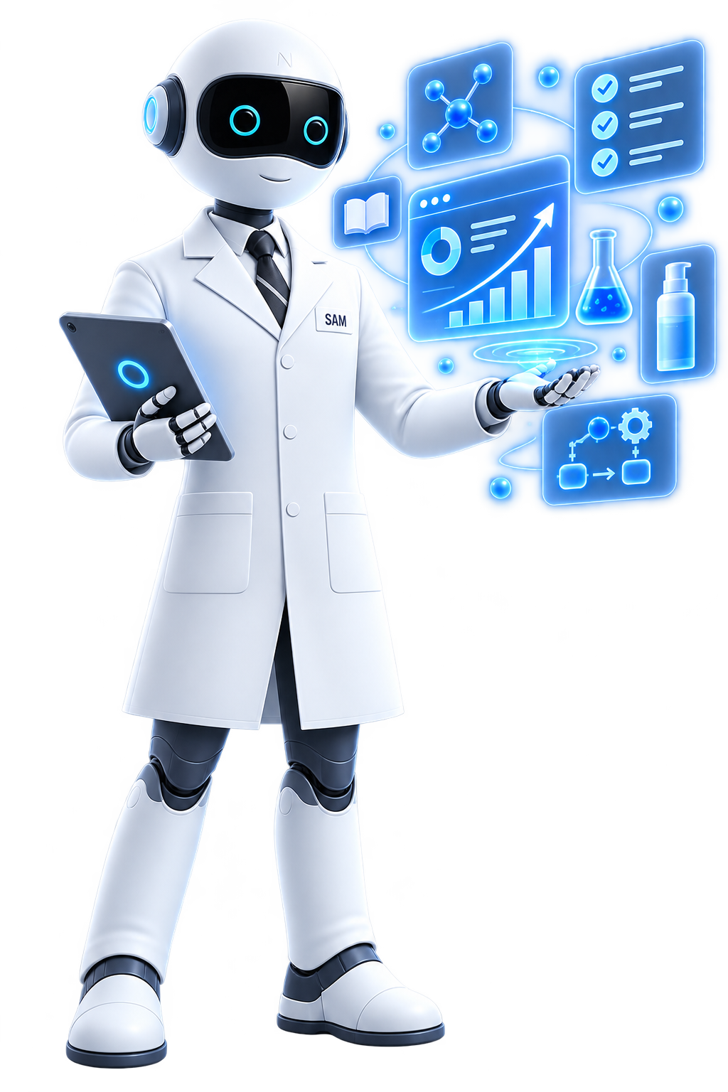 A robot dressed as a scientist holding a tablet, with floating digital graphics of science and data charts around it.