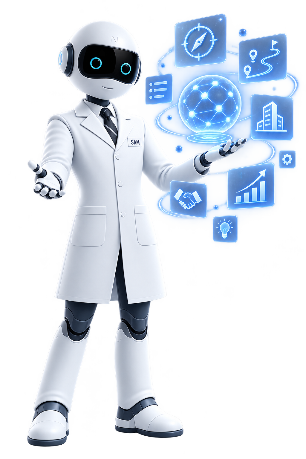 A robot wearing a white lab coat with a name tag 'SAM' interacts with floating digital icons representing technology, data, and connectivity, set against a digital background.
