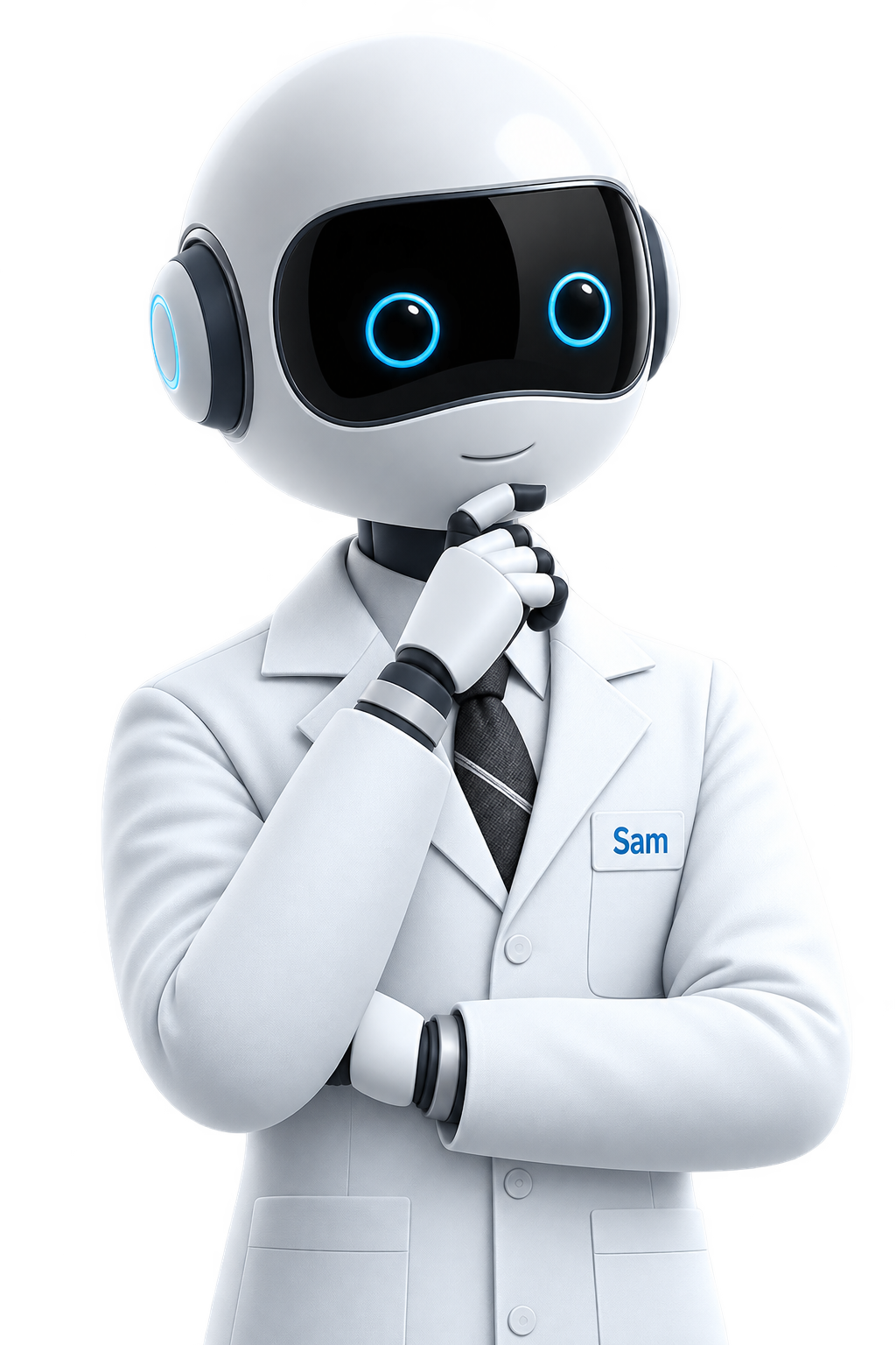 Sam, a humanoid robot chemist in a white lab coat, thinking with one hand on his chin.