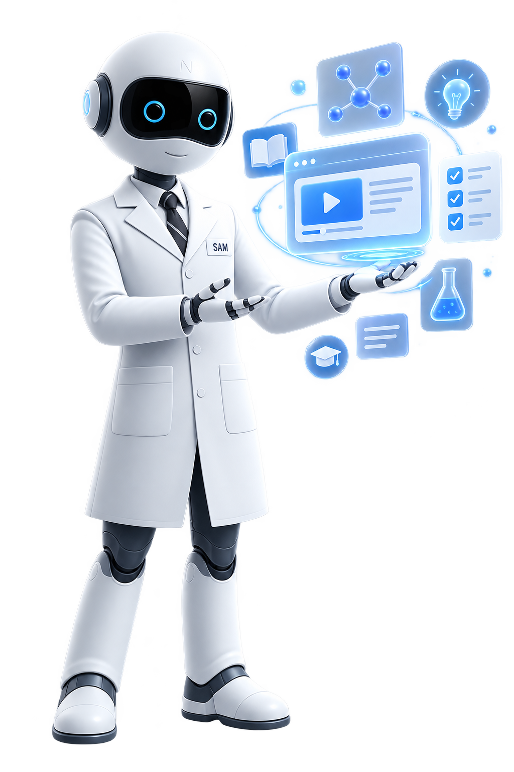 A humanoid robot wearing a doctor's coat with the name tag 'SAM' demonstrates futuristic technology with various digital icons and holograms, including a video player, molecular structure, light bulb, laboratory flask, book, graduate cap, and checklist, in a high-tech medical or scientific setting.