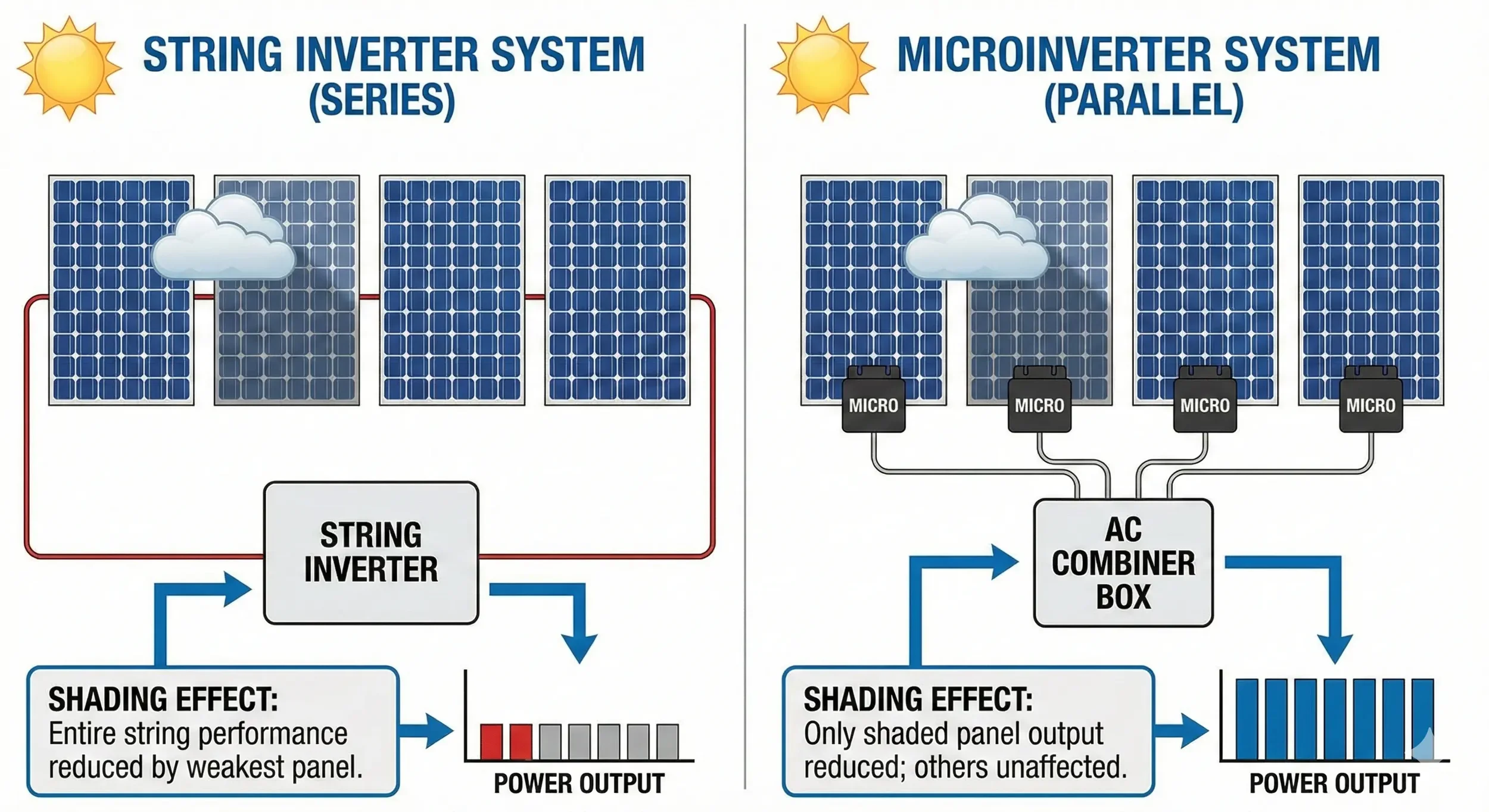 Diagram comparing string inverter system and microinverter system for solar panels, showing connections and shading effects.