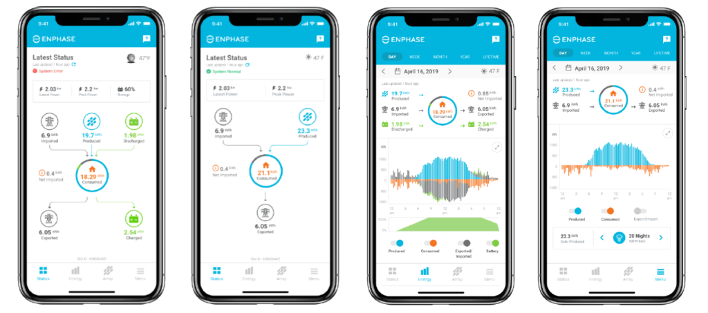 Screenshots of a mobile app interface showing solar power system status, energy production, consumption, and battery data with graphs and metrics on a smartphone.