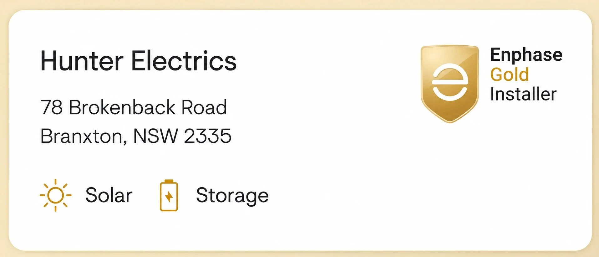 Business card for Hunter Electrics, located at 78 Brokenback Road, Braxton, NSW 2355. The card features icons for solar energy and storage, and an award badge for Enphase Gold Installer.