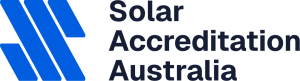 Logo for Solar Accreditation Australia with blue stylized solar panel icon and text