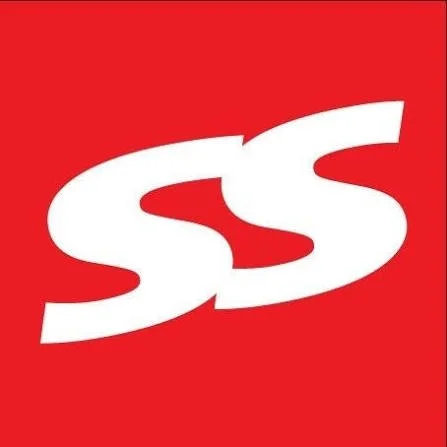 A bold, stylized white SS logo on a red background.