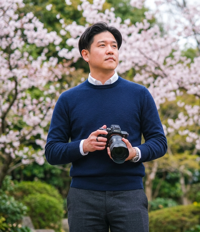 A man holding a camera stands outdoors in front of blooming cherry blossom trees.